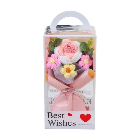Crochet Flower Bouquet – 3 Flowers Handmade Knitted Bouquet with Roses, Daisies, and Eucalyptus, Perfect for Mother's Day, Valentine's Day, Birthdays, and Home Decor, Pink, Artificial Flowers