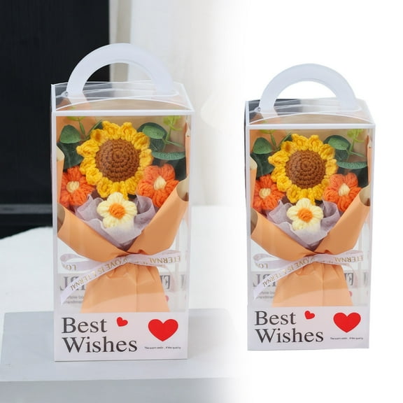 Crochet Flower Bouquet,4 Flowers Crochet Graduation Flower Bouquet,10" Knitted Bouquet,Roses,Preserved Flower for Mother's Day,Valentine's Day,Birthday(Orange)