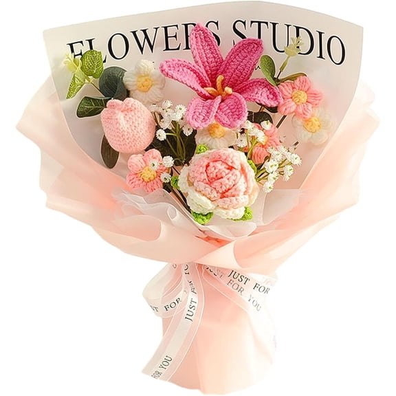 Crochet Flower Bouquet Already Made Woven Bouquet Artificial Flowers Bouquet for Restaurant Party Supplies Hotel Study Room, Pink Flower, 35cmx35cm