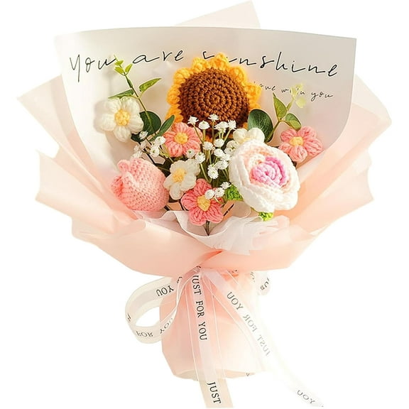 Crochet Flower Bouquet Already Made Woven Bouquet Artificial Flowers Bouquet for Restaurant Party Supplies Hotel Study Room, Pink Flower, 35cmx35cm