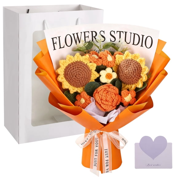 Crochet Flower Bouquet with Gift Bag & Card, Handmade Knitted Sunflowers, Eternal Artificial Flowers, Orange Tone, 13.8 x 12.6 in Crochet Flowers for Anniversary Mother's Day Graduation
