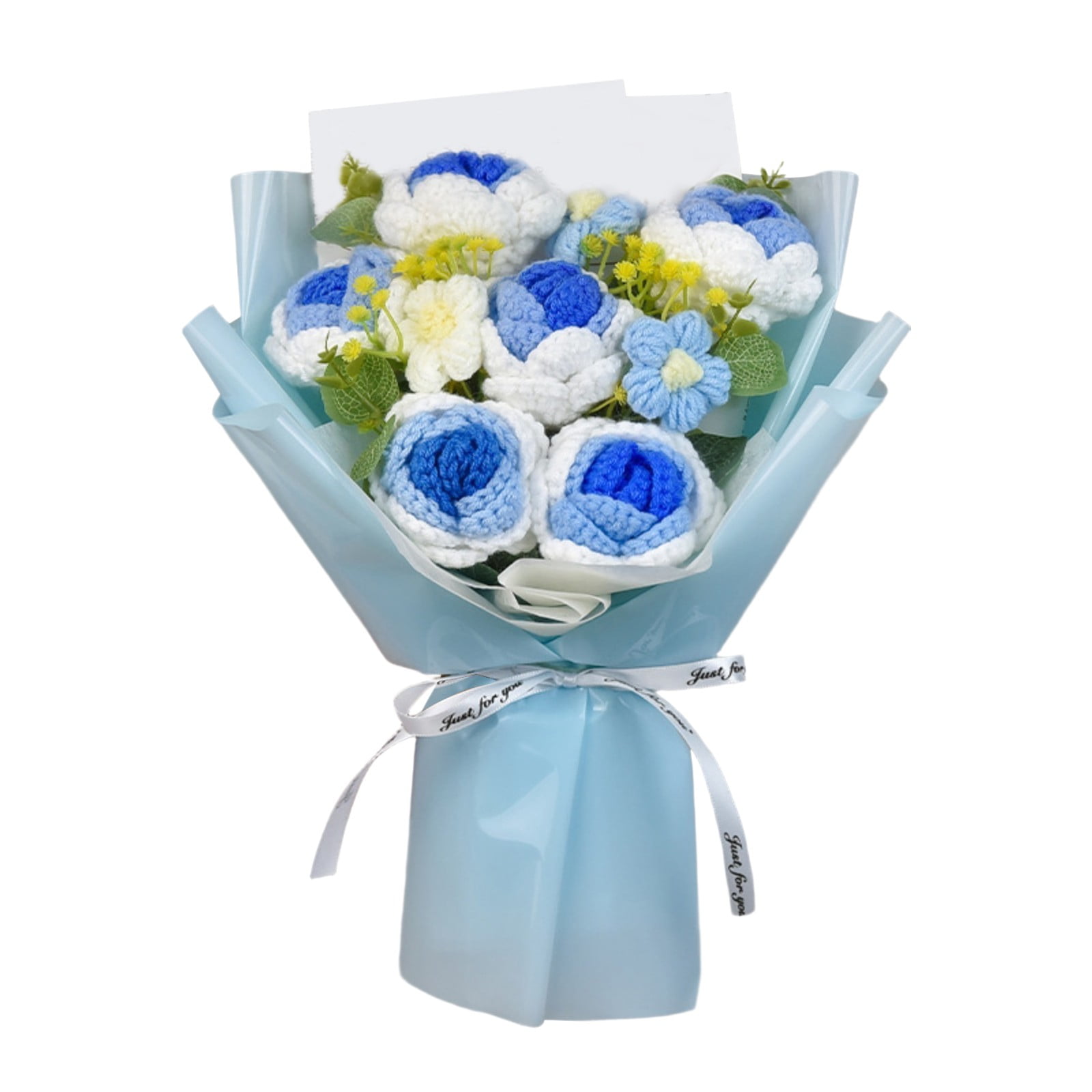Crochet Flower Bouquet,Handmade Crochet Rose Daisy as a Gift for Lover,Family,Friends - Crochet Bouquet,Crocheted Yarn Flowers with Gift Bag & String Lights,Valentine's Day Gift(Blue)
