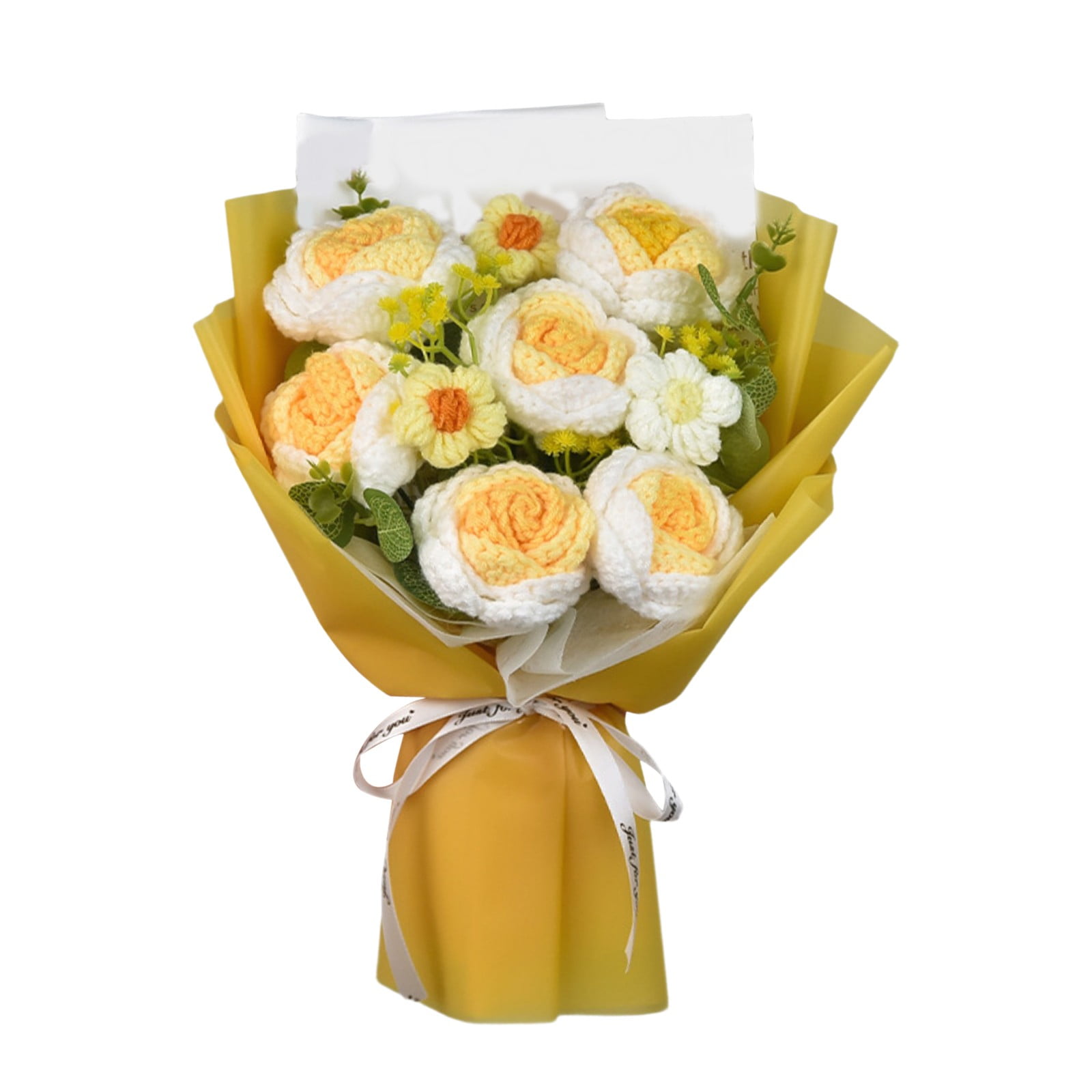 Crochet Flower Bouquet,Handmade Crochet Rose Daisy as a Gift for Lover,Family,Friends - Crochet Bouquet,Crocheted Yarn Flowers with Gift Bag & String Lights,Valentine's Day Gift(Yellow)