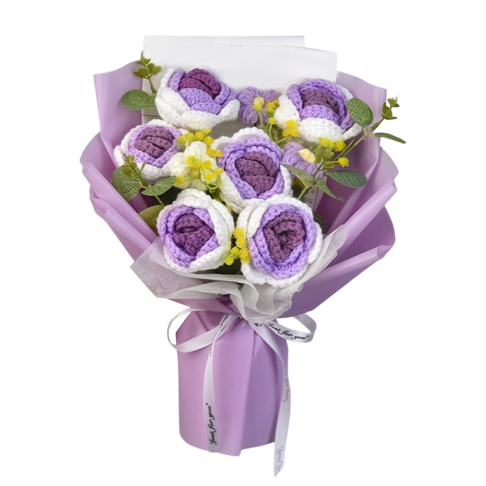 Crochet Flower Bouquet,Handmade Crochet Rose Daisy as a Gift for Lover,Family,Friends - Crochet Bouquet,Crocheted Yarn Flowers with Gift Bag & String Lights,Valentine's Day Gift(Purple)