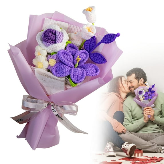 Crochet Flower Bouquet, Handmade Roses & Preserved Flowers for Graduation, Valentine's Day, Mother's Day, Birthday, Allergy-Free, Ready-to-Gift, C