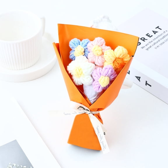 Crochet Flower Bouquet Knitted Cute Mini Handmade Woven Artificial Flowers Knit Bouquets, Soft Valentine Decorations Gifts for Her & Boyfriend Lover (Orange)