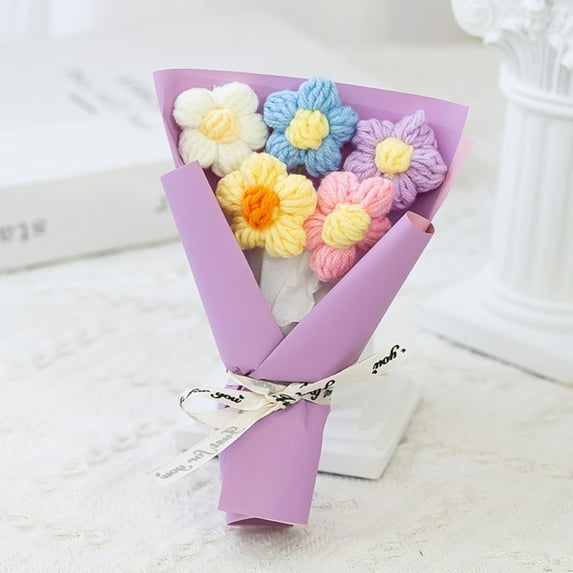Crochet Flower Bouquet Knitted Cute Mini Handmade Woven Artificial Flowers Knit Bouquets, Soft Valentine Decorations Gifts for Her & Boyfriend Lover (Purple)