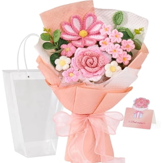 Crochet Flower Bouquet, Knitted Flowers, Pink Handmade Bouquet of Flowers for Mother's Day Anniversary Birthday Party Graduation Valentine's Day Gifts (Include Card)
