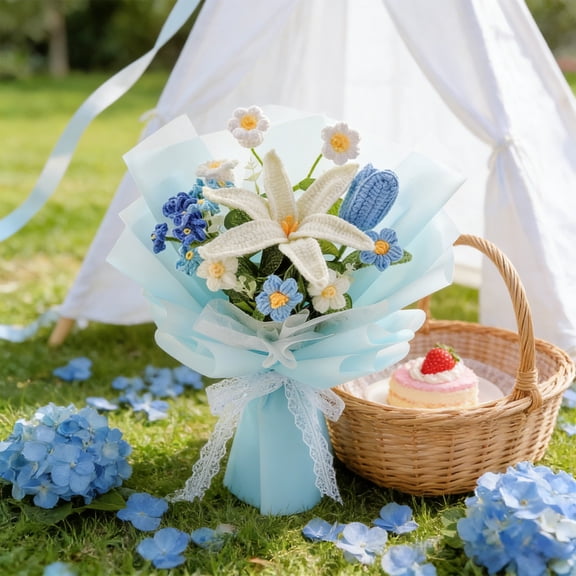 Crochet Flower Bouquet Lily,Completed Handmade Knitted Artificial Preserved Flower,Floral Arrangement Artificial Flower Bouquet for Spring Decor,Gift For Mother Wife Girlfriend