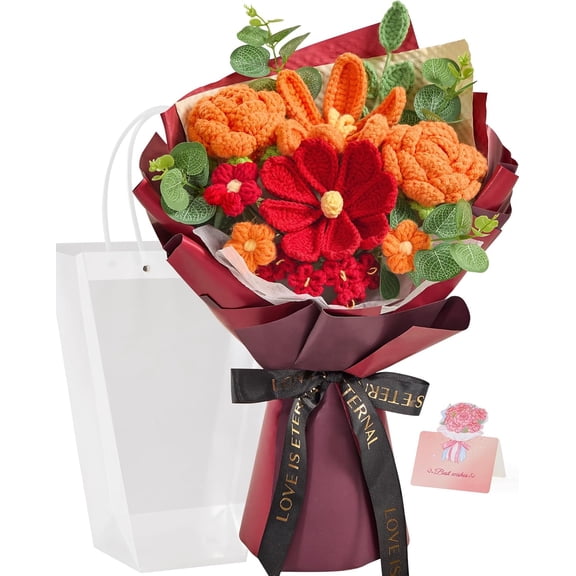 Crochet Flower Bouquet, Orange and Burgundy Knitted Flowers, Red Crochet Tulip Galsang Flower for Lover Anniversary Birthday Party Mother's Day Graduation Gifts