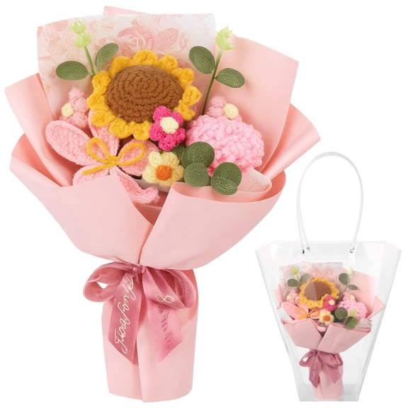 Handmade Crochet Flower Bouquet with Clear PP Gift Bag, Knitted Sunflower Rose Carnation Artificial Forever Flowers, 12.5''x9.8'' Romantic Gift for Mother's Day Birthday Wedding