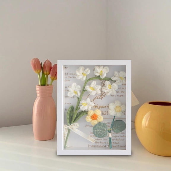Crochet Flower Bouquet Photo Frame Artificial Flowers Bouquet Frame Ornament Crochet Wall Decor with Frame for Office Anniversary Restaurant White