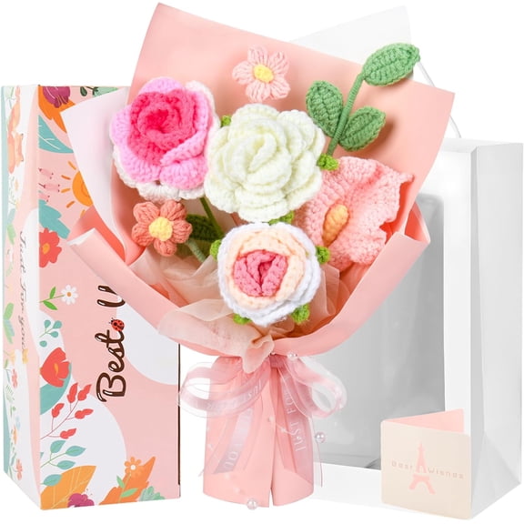 Crochet Flower Bouquet Pink, Handmade Crochet Flowers Bouquet, Knitted Floral Gift for Her, Mothers Day, Birthday for Women, Wife, Mom, Girlfriend, with Gift Box, Bag, and Card