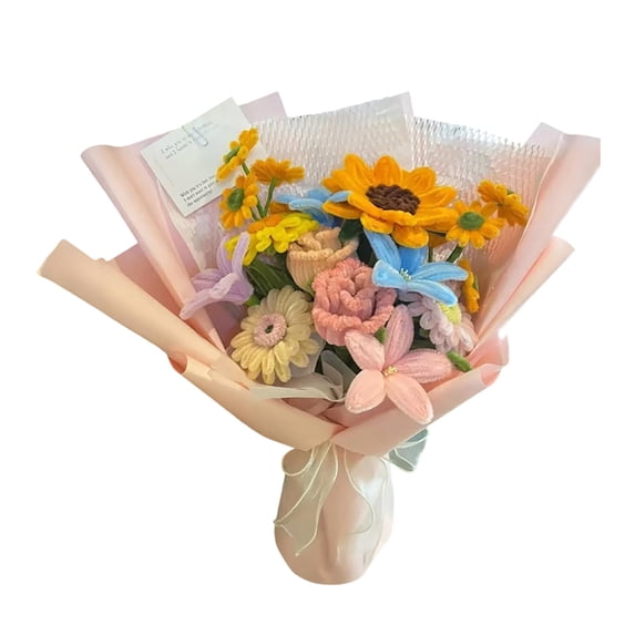 Crochet Flower Bouquet, Pink Handmade Knitted Flowers, Crochet Tulips Galsang Flower for Valentines Day Lover Anniversary Birthday Mother'S Day Graduation Gifts 10X16Inch Happy Day!