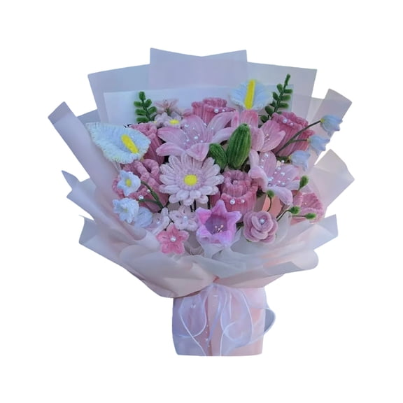 Crochet Flower Bouquet, Pink Handmade Knitted Flowers, Crochet Tulips Galsang Flower for Valentines Day Lover Anniversary Birthday Mother's Day Graduation Gifts(Light Purple) 10x16inch