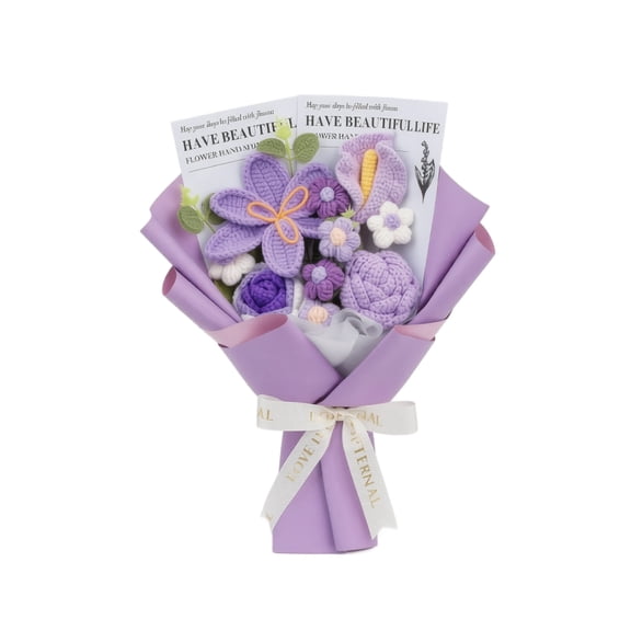 Crochet Flower Bouquet Purple 11.81 Inch, Handmade Crochet Flowers Bouquet, Knitted Floral Gift for Her, with Gift Box, Bag and Card