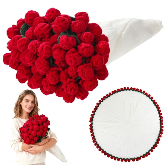 Red Rose Bouquet Blanket - Foldable Crochet Flower Throw, Machine Washable Soft Polyester Gift for Anniversary, Valentine's Day