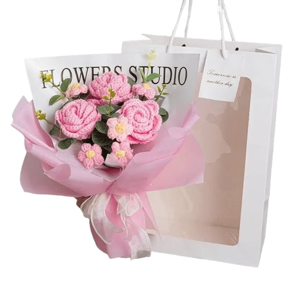Dashing Nova Crochet Rose Bouquet with LED Light String for Mother's Day Gift, Pink