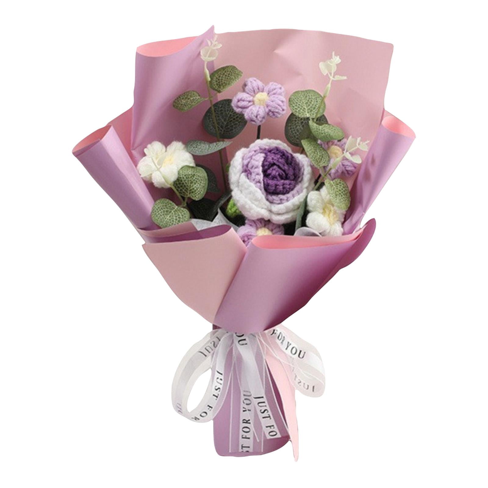 Crochet Flower Bouquet, Satin Ribbon, Purple Rose, 14X6 In, Fake Flower ...