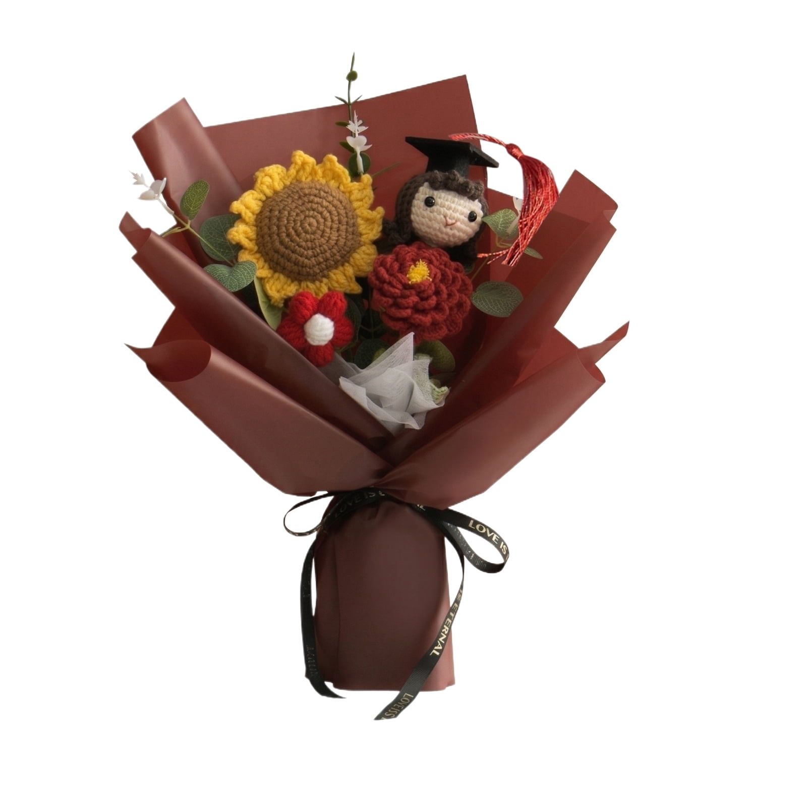 Crochet Flower Bouquet, Sunflower Bouquet, Floral Wrapping Paper, Satin Ribbon for Gift Wrapping, High School Graduation Gifts, Cap Decorations for Graduation, Floral Graduation