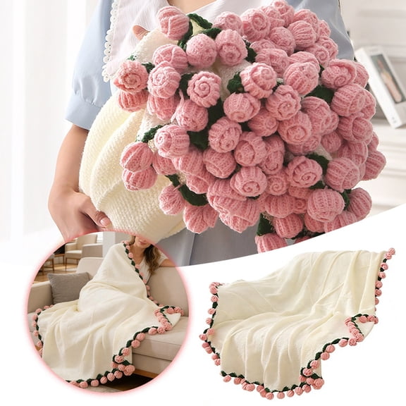 Crochet Flower Bouquet Throw Blanket, Handmade Knitted Blanket with Pink Rose Cute Romantic Gift for Her Girlfriend Mom Mother’s Day Valentine Wedding Anniversary Birthday, 23.62 Inches