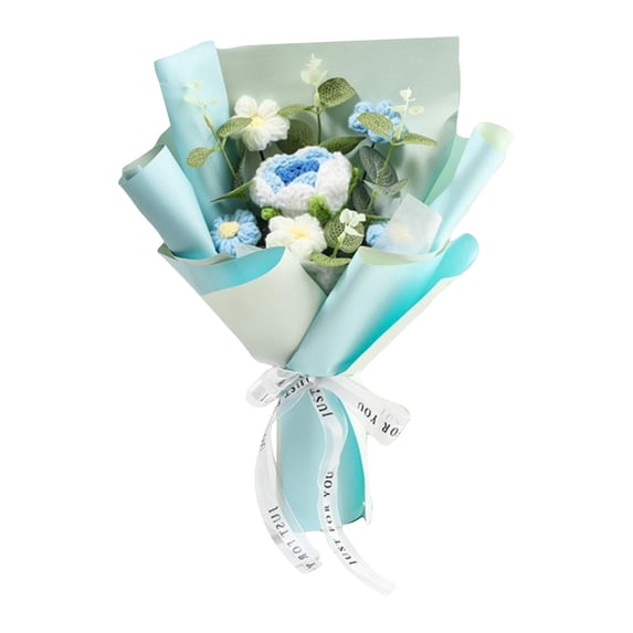 Crochet Flower, Flower Bouquet, Blue Rose, Satin Ribbon, Valentine S Day Gift, 12X5 In, 1 Pc, Fake Flower, Flower Decorations, Crochet, Romantic Gifting