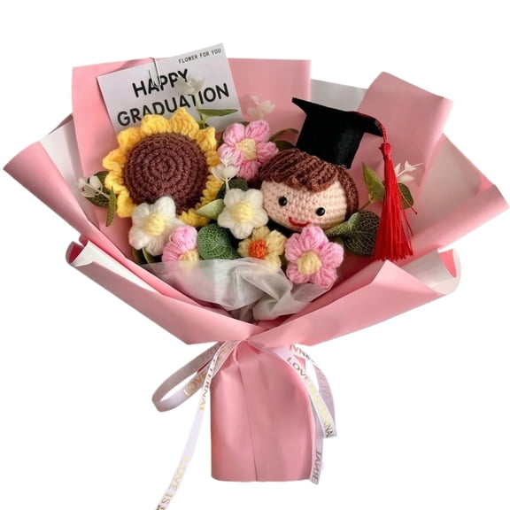 Crochet Flower, Lovely Hand-Crocheted Graduation Bouquet With Dolls, Handmade Sunflower Rose Graduations Flower Bouquet for Birthday Celebration and Display Safe Party Supplies, Light Pink