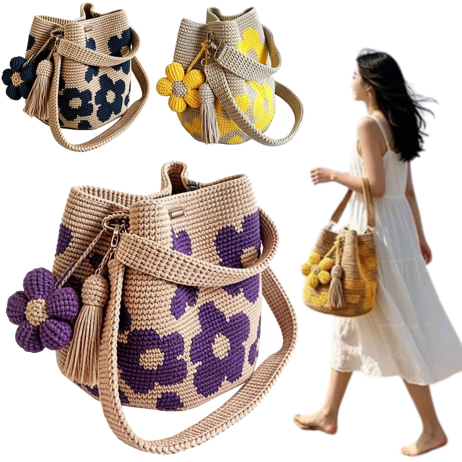 Crochet Flower Tote Bag Crochet Tote Bag Shoulder Bag Handbags Knitting Bag Aesthetic Handmade Weaving, Purple