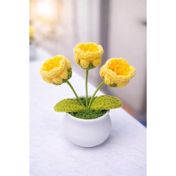 Crochet Flowers Artificial Daisy for Office Desk Car Dashboard Decor,Home Decoration, Office, Bedroom, Christmas Decor, Wedding,Diwali (Single Orange Daisy with Pot) 1 Pcs