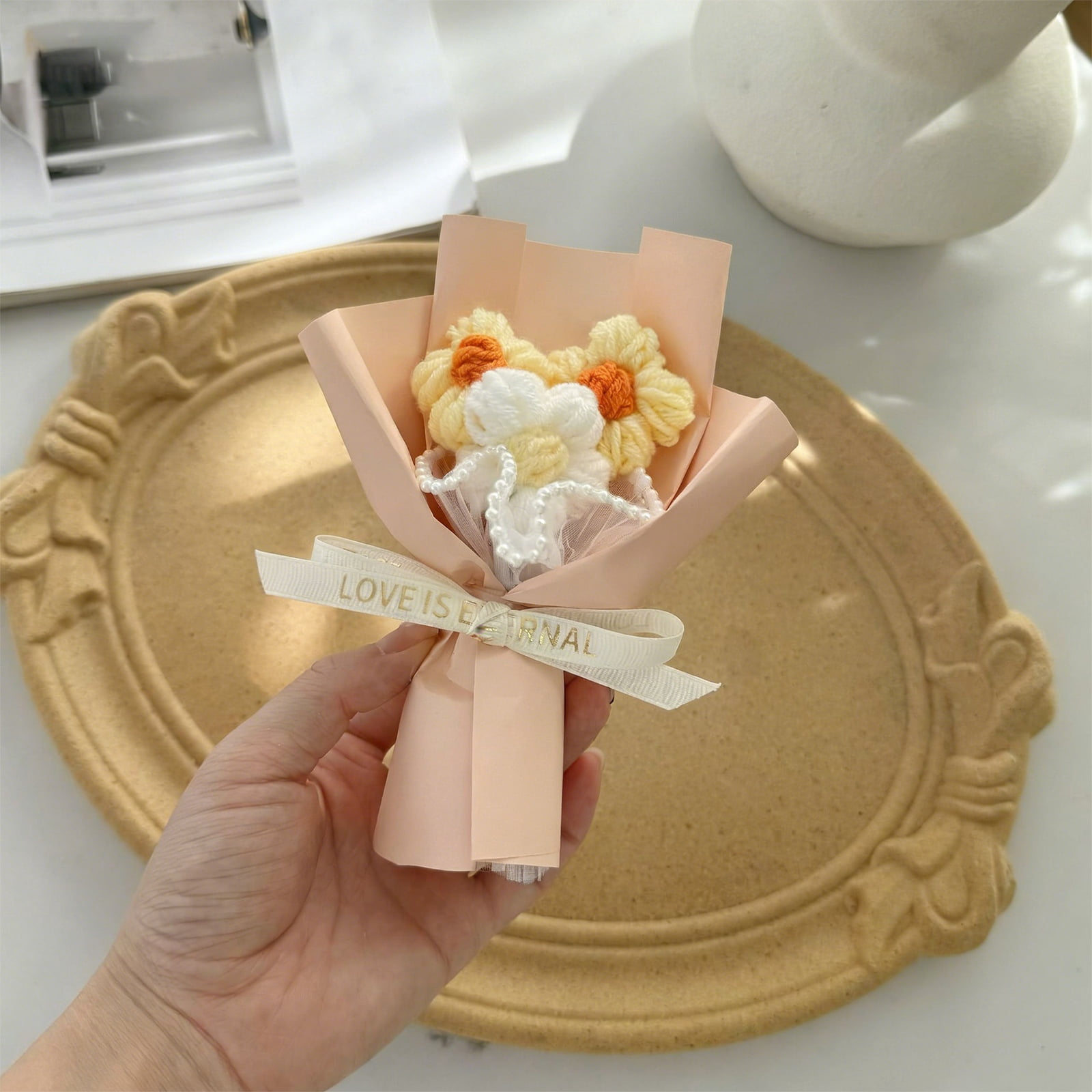 Crochet Flowers Bouquet, Flower Bouquet Paper, Black RibbonforGift ...