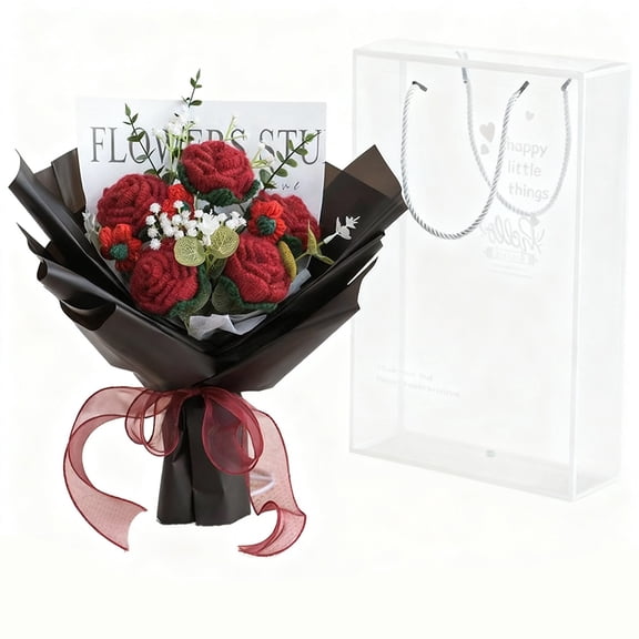 Crochet Flowers Bouquet with Gift Bag - Handmade Crochet Rose Flower for Valentine, Mother's Day, Wedding, Birthday, Graduation, Home Decor - Gift for Her, Wife, Mom, Friend, Teacher