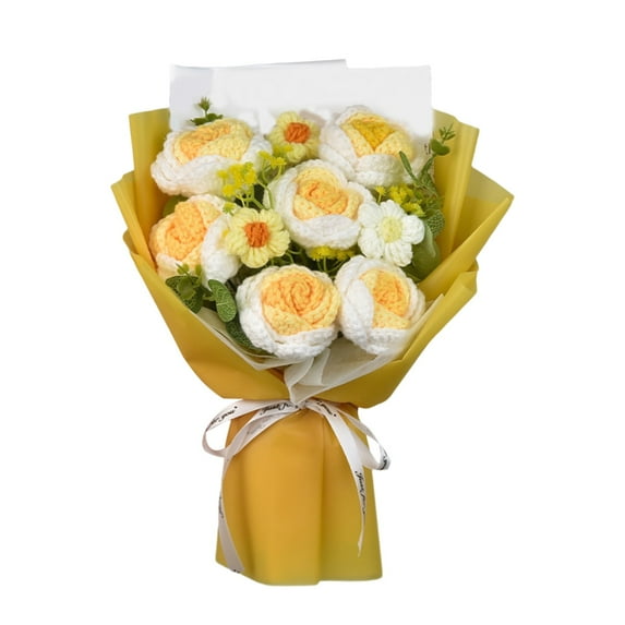 Crochet Flowers Bouquet,Hand Knitted Rose Bouquet,6 Heads Artificial Knitted Roses,Woven Rose Bouquets,Woven Flower Bouquet For Family Table Decoration,Valentine'S Birthday Wedding Gift,C