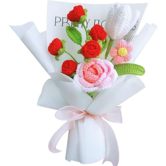 Crochet Flowers Bouquet Handmade, Hand-Woven Rose Artificial Flower, Preserved Flowers Bouquet for Birthday, Home Decor, Mother's Day, Anniversary, Wedding, Graduation (Red)