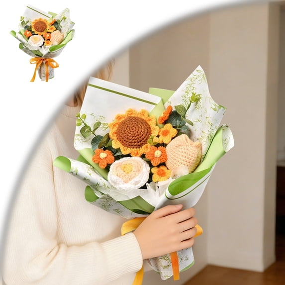 Crochet Flowers Bouquet, Handmade Knitted Bouquet, Crochet Flower Kit Knitted Sunflower Daisy, Gift for Mother Wife on Birthday Anniversary