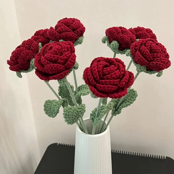 Crochet Flowers Bouquet Handmade Knitted Red Rose Flower Artificial-Fake Flower Wedding Party Home Decoration