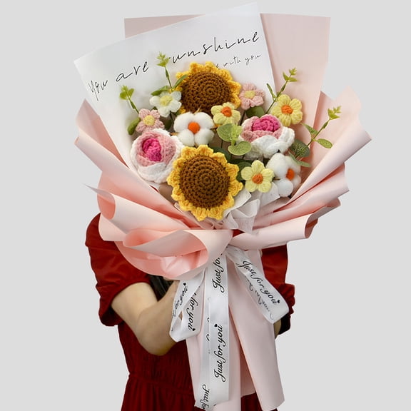 Crochet Flowers Bouquet, Handmade Knitted Sunflower Rose Tulip Puff Flower Bouquet, Gift for Mother Wife on Birthday Valentines Anniversary