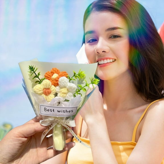 Crochet Flowers Bouquet Handmades Knitted Bouquet Fake Bouquet Kit Mini Crocheted Eternal Artificial Flowers Completed For Home Decor Valentine'S Day Birthday Office Desk Gifts For Mom Girl Teacher