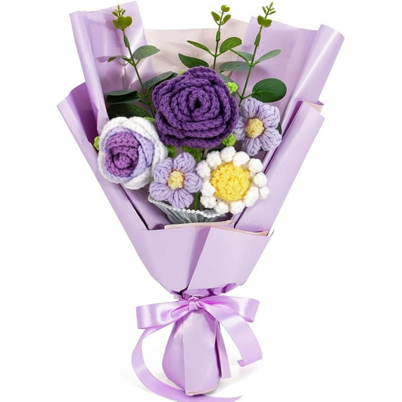 Crochet Flowers Bouquet, Knitted Rose Daisy Bouquet with Exquisite Purple Wrap Eternal Blessing for Valentines Day Mother's Day Birthday Wedding Gift, Valentines Day Gifts for Her