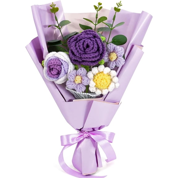 Crochet Flowers Bouquet, Knitted Rose Daisy Bouquet with Exquisite Purple Wrap Eternal Blessing for Valentines Day Mother's Day Birthday Wedding Gift, Valentines Day Gifts for Her