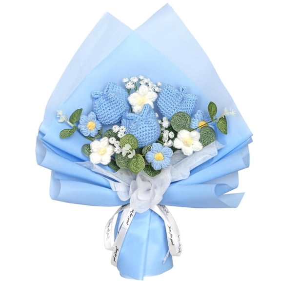 Crochet Flowers Bouquet, Kvago 13.78in Completed Handmade Knitted Flowers, Artificial Flower Knitted Tulips Bouquet for Festival Wedding Graduation Anniversary Mother's Day Women Gift (Blue)