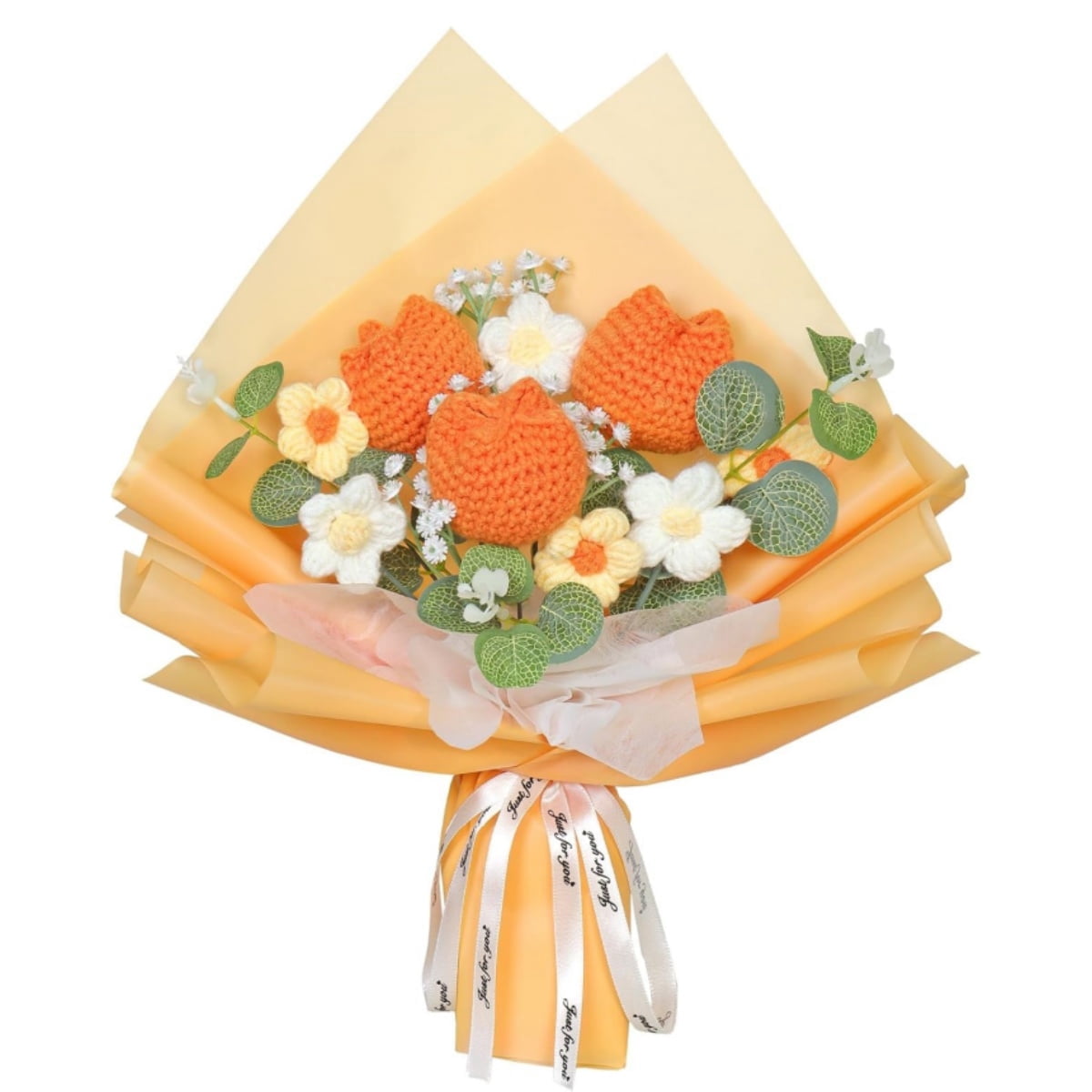 Crochet Flowers Bouquet, Kvago 13.78in Completed Handmade Knitted Flowers, Artificial Flower Knitted Tulips Bouquet for Festival Wedding Graduation Anniversary Mother's Day Women Gift (Orange)