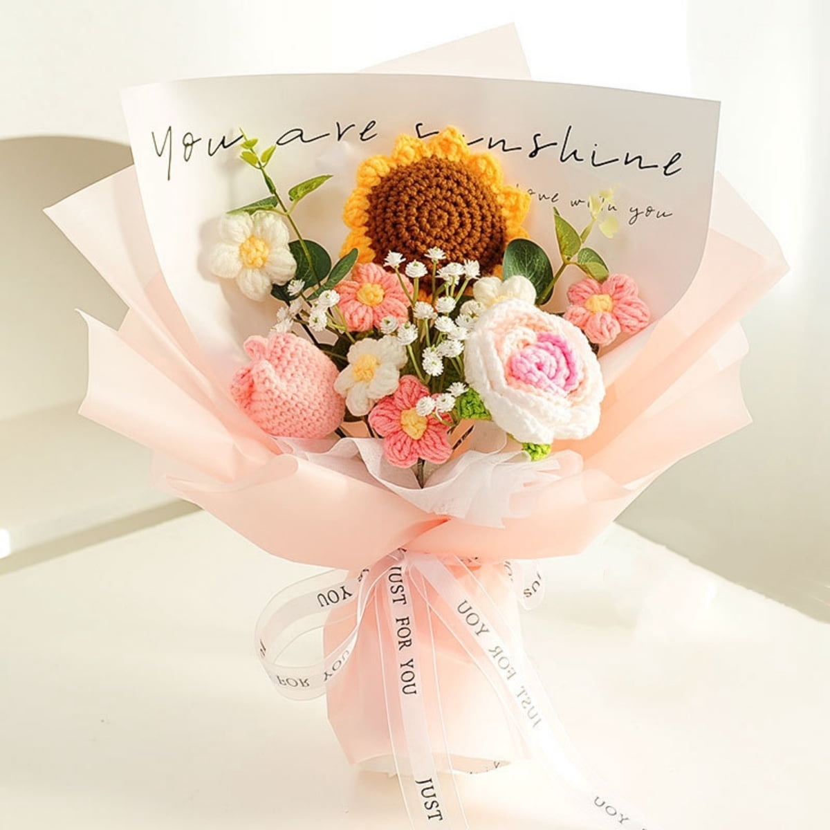 Crochet Flowers Bouquet, Kvago Completed Handmade Knitted Flowers, 13.78in Artificial Flowers Gift for Birthday Wedding Anniversary Graduation Home Decor (Style B)