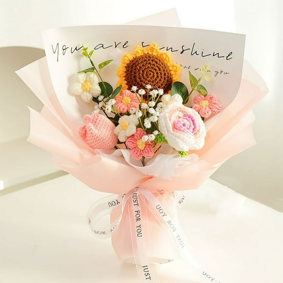 Crochet Flowers Bouquet, Kvago Completed Handmade Knitted Flowers, 13.78in Artificial Flowers Gift for Birthday Wedding Anniversary Graduation Home Decor (Style B)