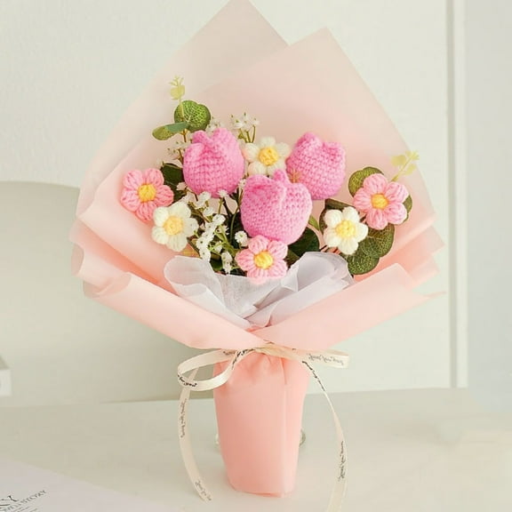 Crochet Flowers Bouquet, Kvago Completed Handmade Knitted Flowers, 13.78in Artificial Flowers Gift for Birthday Wedding Anniversary Graduation Home Decor (Style A)