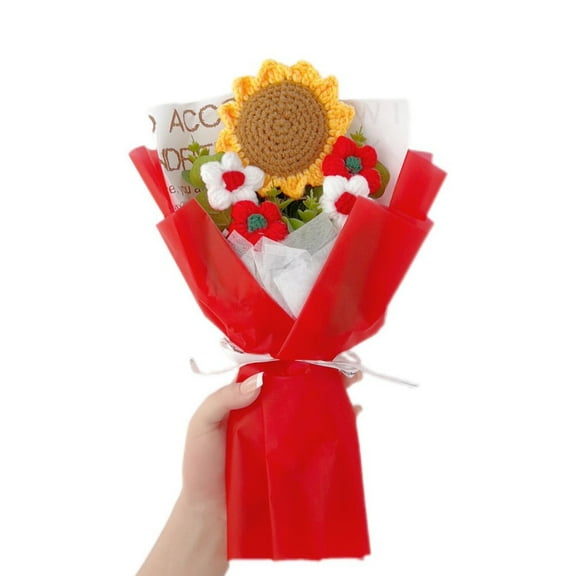 Sunflower Crochet Flower Bouquet with Light and Gift Bag, 13 Inches Tall, Red