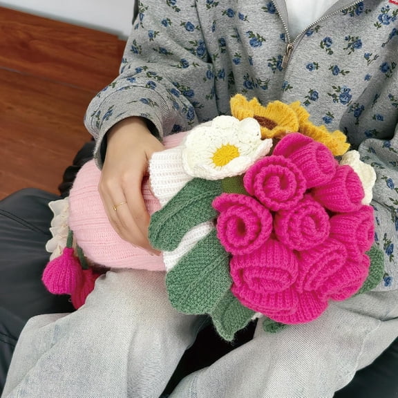 Crochet Flowers Bouquet Throw Pillow with Soft White Throw Blanket for Couch(Inside The Bouquet),Romantic for Birthday, Valentines, Home Decor, Bed, Sofa (Colorful Flowers, Large)