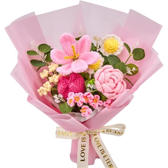 Crochet Flowers, Crochet Flower Bouquet of Crochet Tulips, Roses, Daisy, Forget-me-not Crochet Bouque for Decoration, Fake Tulips Gifts for Women Anniversary Wedding Birthday Get Well (Include Card)