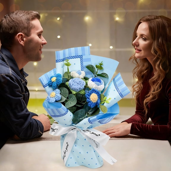 Crochet Flowers,Knitted Flower Bouquet,Cotton Flowers,12inch Finished Product Sunflower Rose Yarn Flower Artificial Flower Hand-Made Diy Crochet For Women,Wife,Valentine,Anniversary.(Blue)