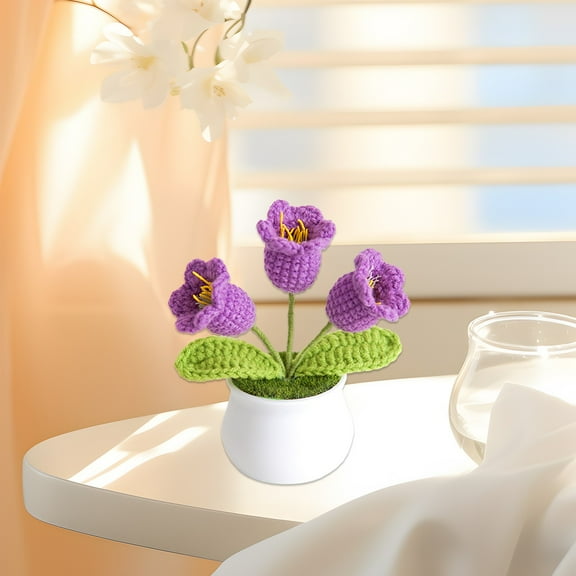Crochet Flowers Potted Plant Home Decor | Handcrafted Milk Cotton Artificial Woven Floral Arrangement | Plastic Pot | Long-Lasting Maintenance-Free | 11x10 cm | Gift Idea