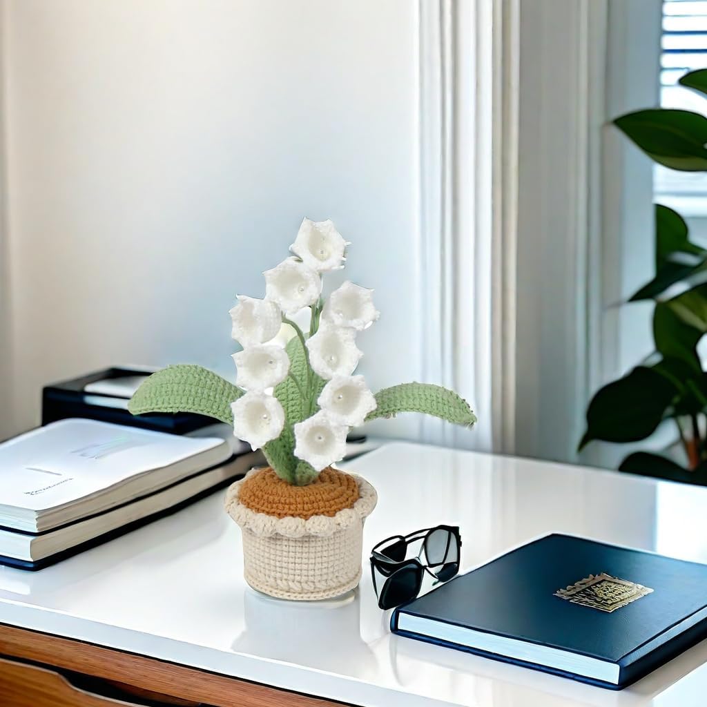 Crochet Flowers Potted Plants,Crochet Lily Of The Valley Bouquet,Knitted Fl